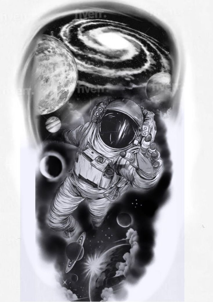 an astronaut tattoo with planets and saturn in the background