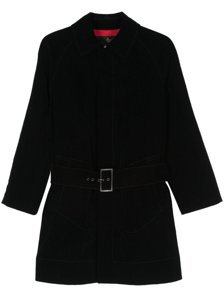 circa 2017-2018's black cotton faux suede spread collar long sleeves belted waist two side welt pockets central rear vent mid-length straight hem concealed front button fastening Purchasing this item continues its narrative and reduces the environmental impact by avoiding the use of new resources needed to make the product from scratch, such as water, materials and electricity, and avoiding additional manufacturing impact. Learn more about what makes a product Conscious on our Conscious Criteria page Designer Black Outerwear With Belted Cuffs, Black Fall Outerwear With Belt Loops, Black Designer Outerwear With Belted Cuffs, Black Long Sleeve Outerwear With Belt Loops, Designer Long Sleeve Belted Outerwear, Designer Fall Outerwear With Concealed Fastening, Black Outerwear With Belt Loops And Lapel Collar, Yoko London, Suede Coat