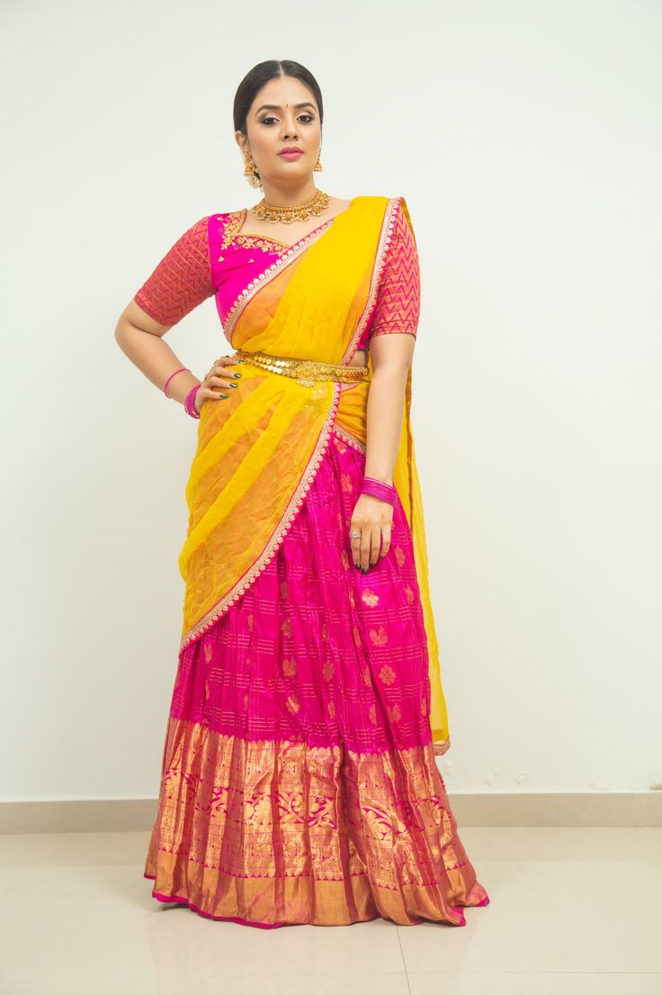 Yellow Half Saree, Pink Half Sarees, Silk Half Saree, Samantha In Saree, Pattu Langa, Langa Voni, Wedding Saree Blouse, Wedding Saree Blouse Designs, Half Saree Designs