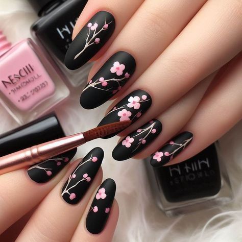 Black Cherry Blossom Nails, Black Flower Nails, Black Spring Nails, Cherry Blossom Nails Design, Semi Nails, Boss Nails, Cherry Blossom Nails Art, Blossom Nails, Tropical Nail Art