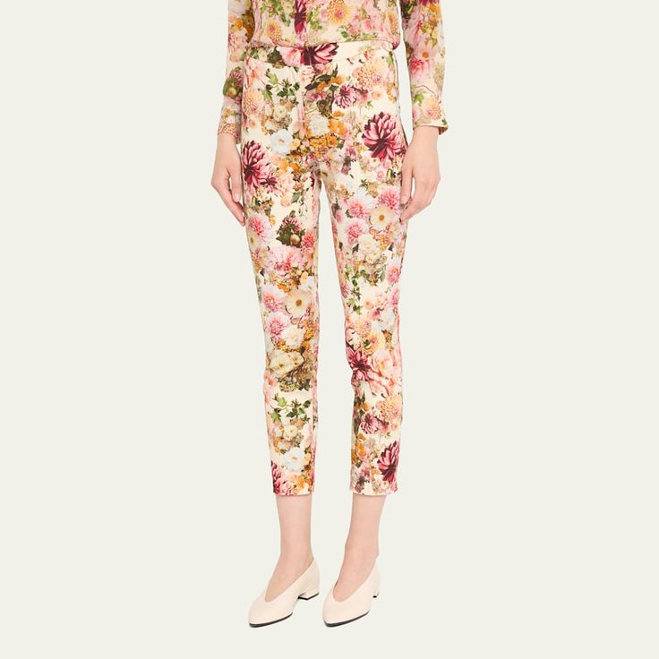 Adam Lippes "Daphne" stretch cotton twill pants in floral print Mid waist Back welt pockets Slim legs Cropped at the ankle Hook/zip fly Cotton/elastane Dry clean Made in USA from imported materials Chic Fitted Floral Print Pants, Floral Print Stretch Ankle-length Bottoms, Stretch Ankle-length Floral Print Pants, Stretch Straight Pants With Floral Print, Stretch Floral Print Straight Pants, Floral Print Bottoms For Fall Workwear, Fitted Pants With Floral Print For Spring, Fitted Floral Print Pants For Spring, Fitted Floral Print Straight Leg Bottoms