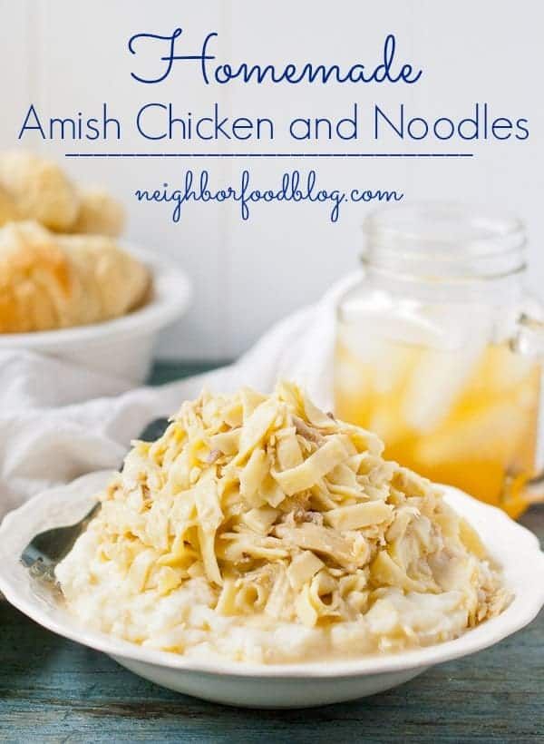 homemade amish chicken and noodles in a white bowl