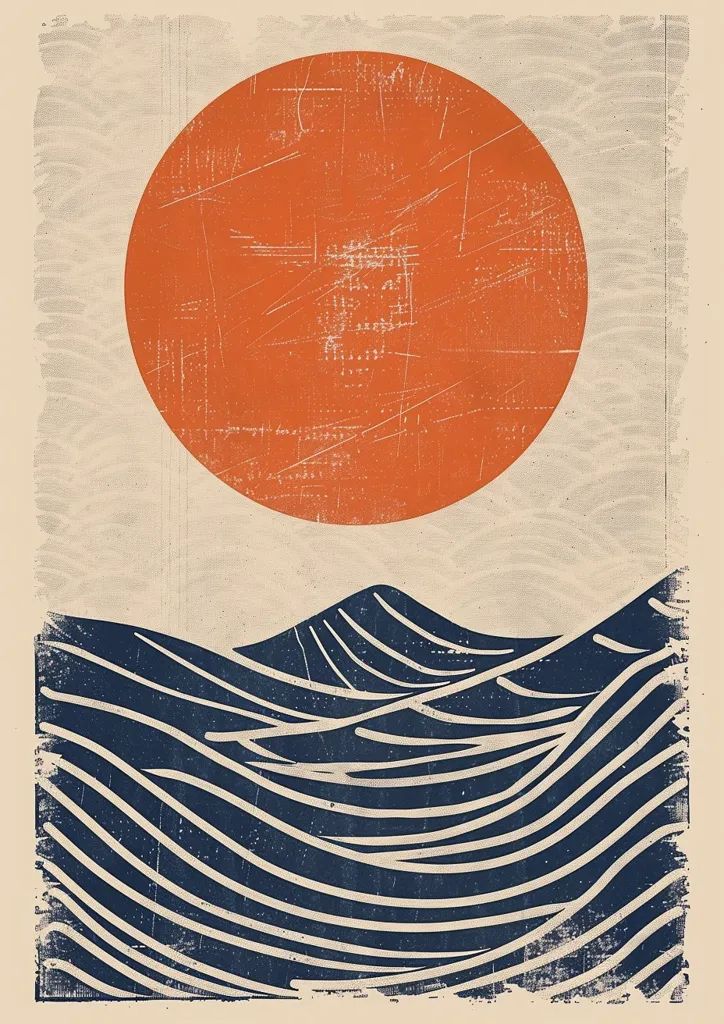 an orange sun over the ocean with waves