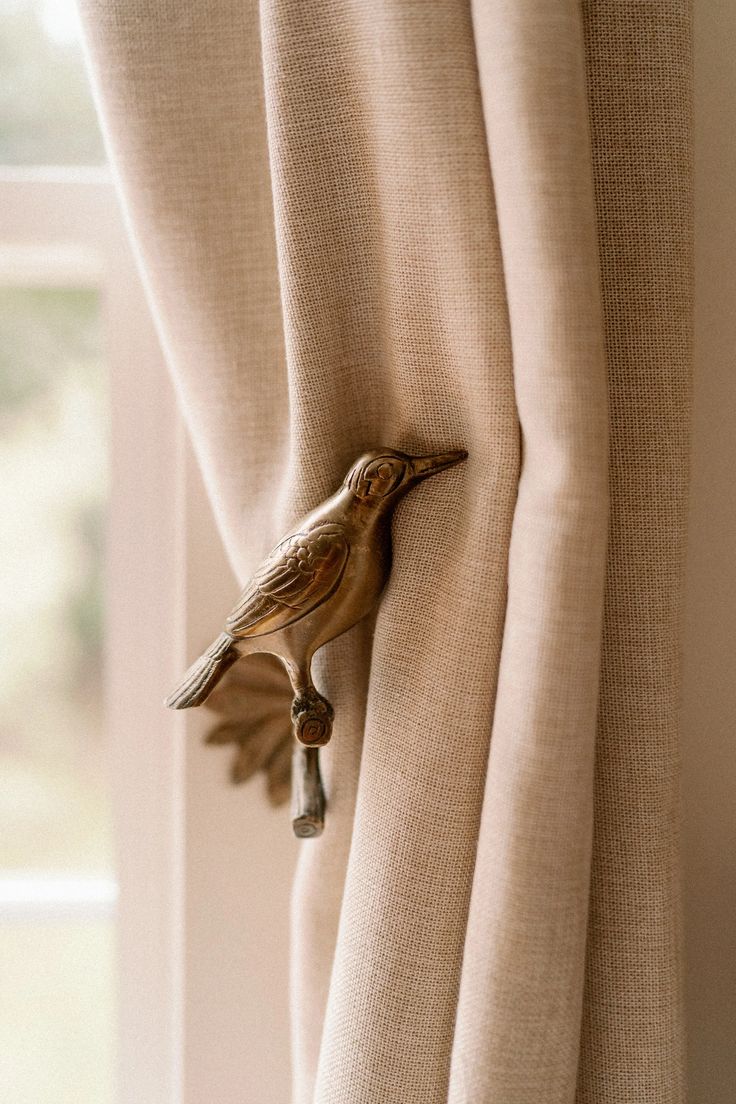 a bird is perched on the curtain rod in front of a window with beige curtains