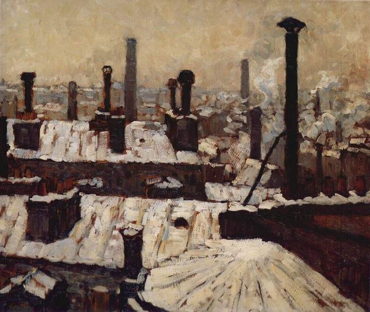 an oil painting of factory buildings and snow covered rooftops in the cityscape