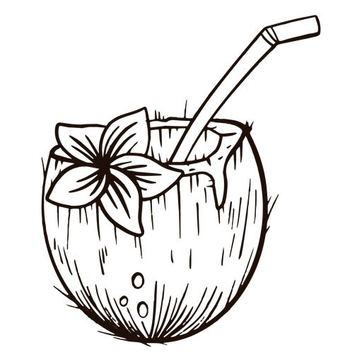 a drawing of a coconut drink with a straw and flower on the top, in black and white