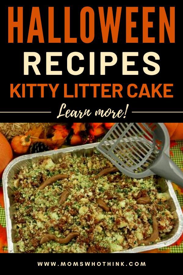 a casserole dish is shown with the words halloween recipes kitty litter cake learn more