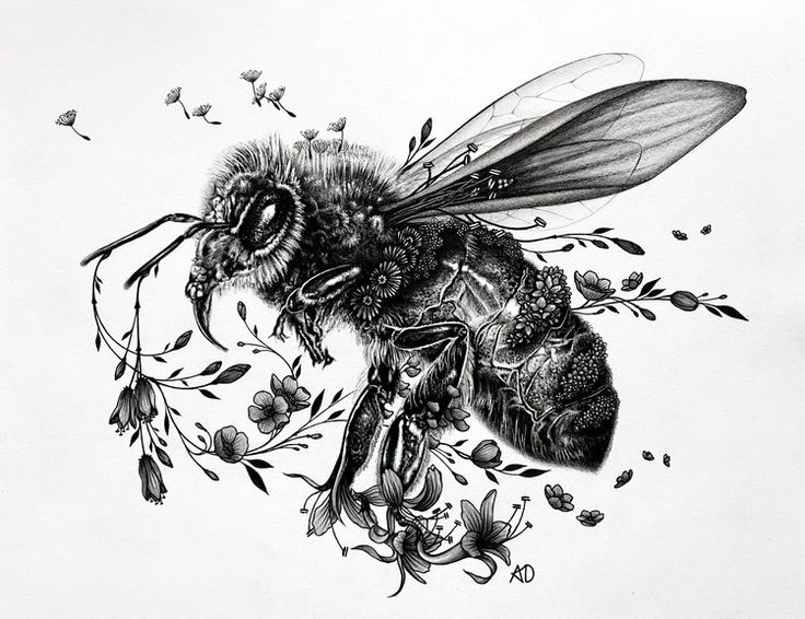 a black and white drawing of a bee with flowers on it's back legs