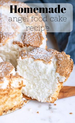 homemade angel food cake recipe with powdered sugar on top, sliced and ready to be eaten