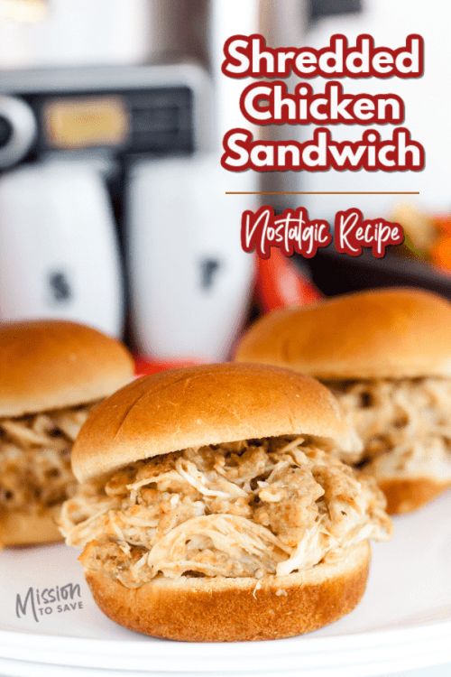 two shredded chicken sandwiches on a plate with the words shredded chicken sandwich in front of them