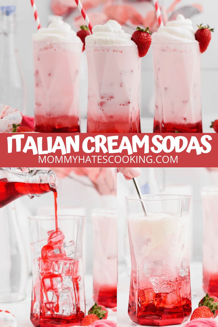 strawberry ice cream sodas with strawberries and whipped cream in them, being poured into glasses