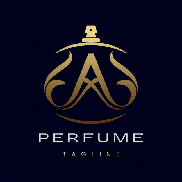 the logo for perfume company with gold and black colors on a dark background, it is designed