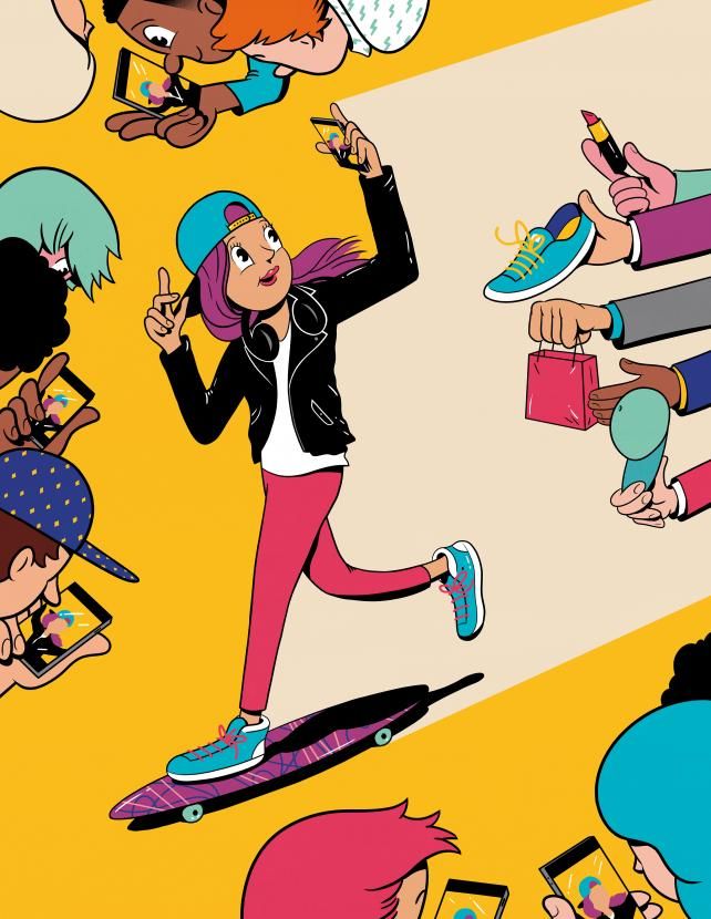 an image of a woman riding a skateboard in the middle of a group of people