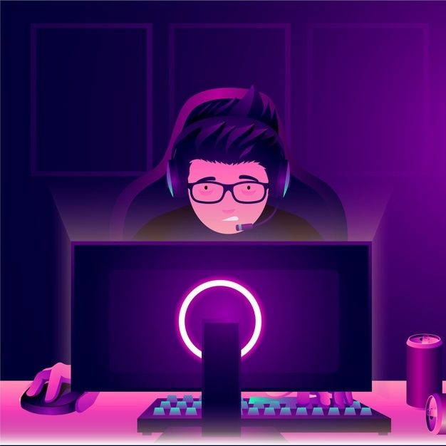 a person wearing headphones sitting in front of a computer with a glowing purple light