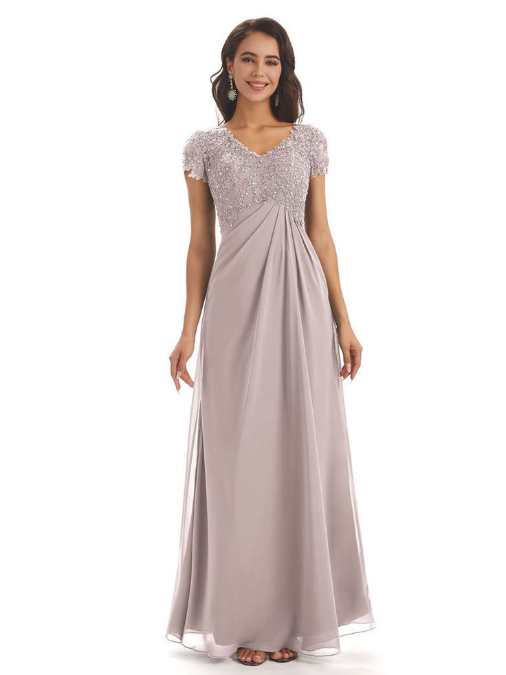 Products Elegant Short Sleeves Beaded Pleats A-line Floor-Length Mother of The Bride Dresses - ChicSew Dresses Elegant Short, Bride Dress Vintage, Mother Of The Bride Dresses Long, Chiffon Shorts, Mother Of Groom Dresses, Mermaid Bridesmaid Dresses, Mother Of The Bride Outfit, Mob Dresses, Lace Chiffon