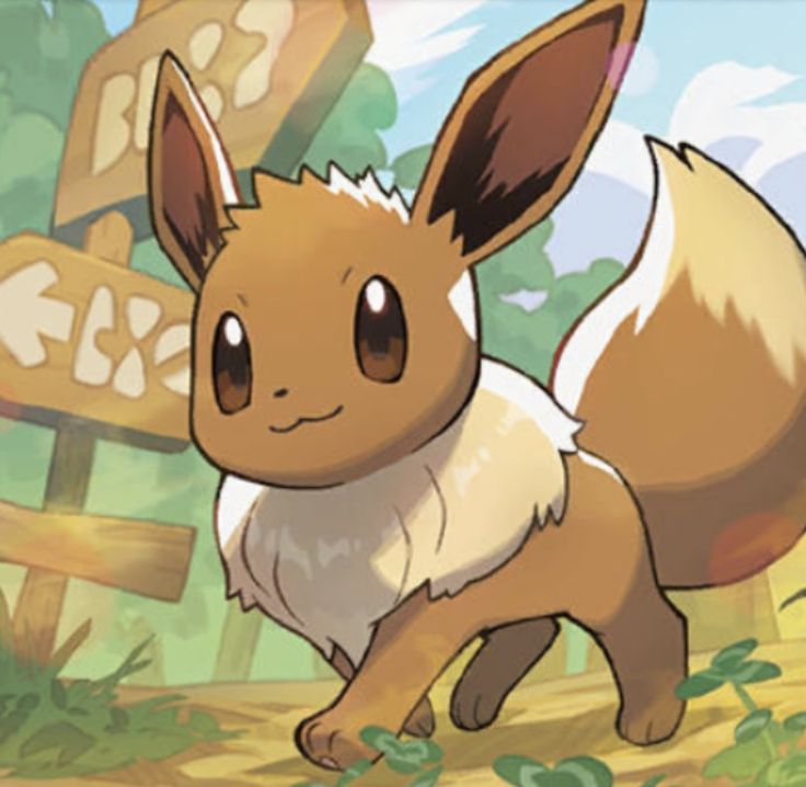 a cartoon pokemon standing in front of a wooden sign