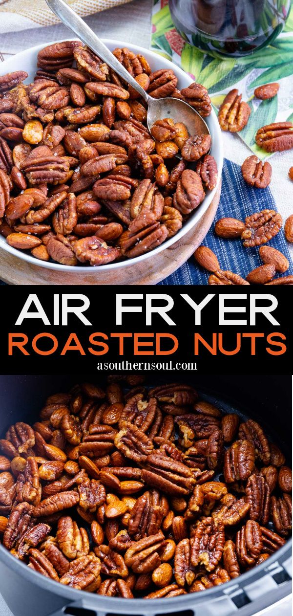 an air fryer roasting roasted nuts in a pan with the words, air fryer roasted nuts