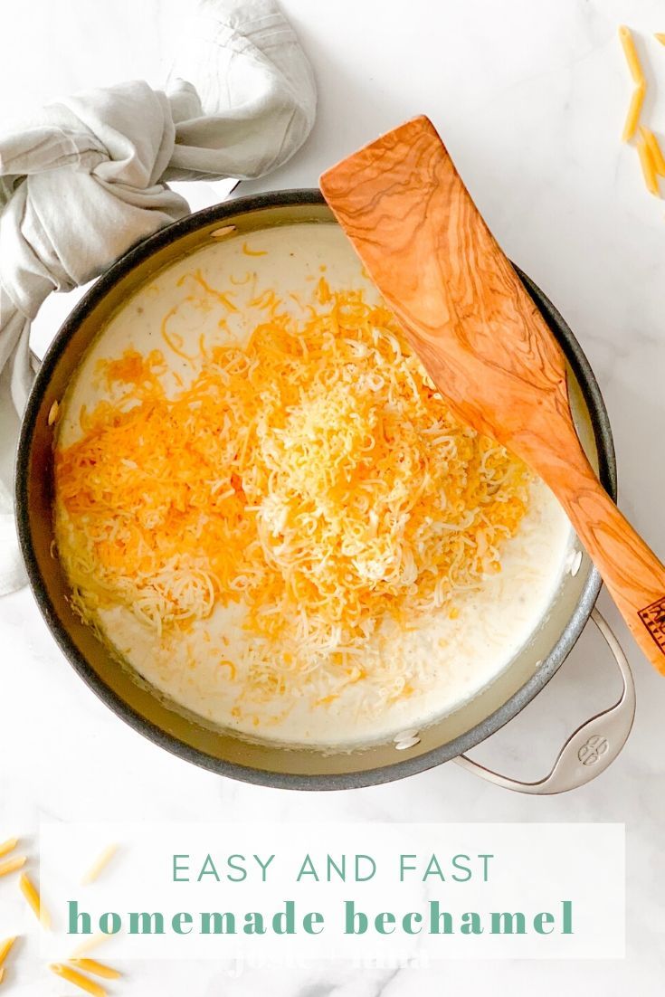 an easy and fast homemade bechamel recipe in a skillet with cheese on top