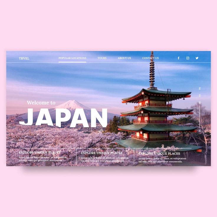 the website for japan is displayed in front of a pink background with an image of a pagoda