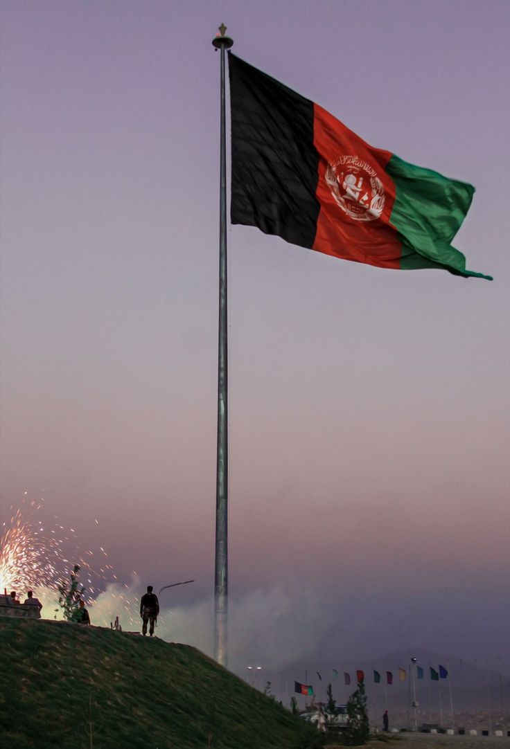 a flag on top of a hill with fireworks in the sky behind it and people watching