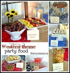 a collage of pictures showing different foods and drinks on a table with place cards