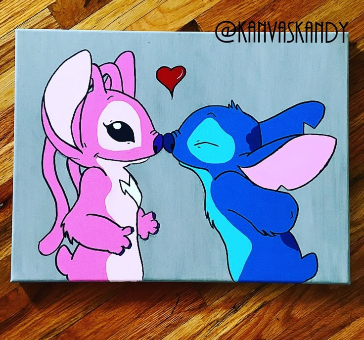 a painting of two cartoon characters kissing each other on a wood floor with a heart in the background