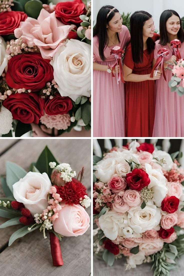 four different pictures of bridesmaids and bouquets with flowers in them, including roses