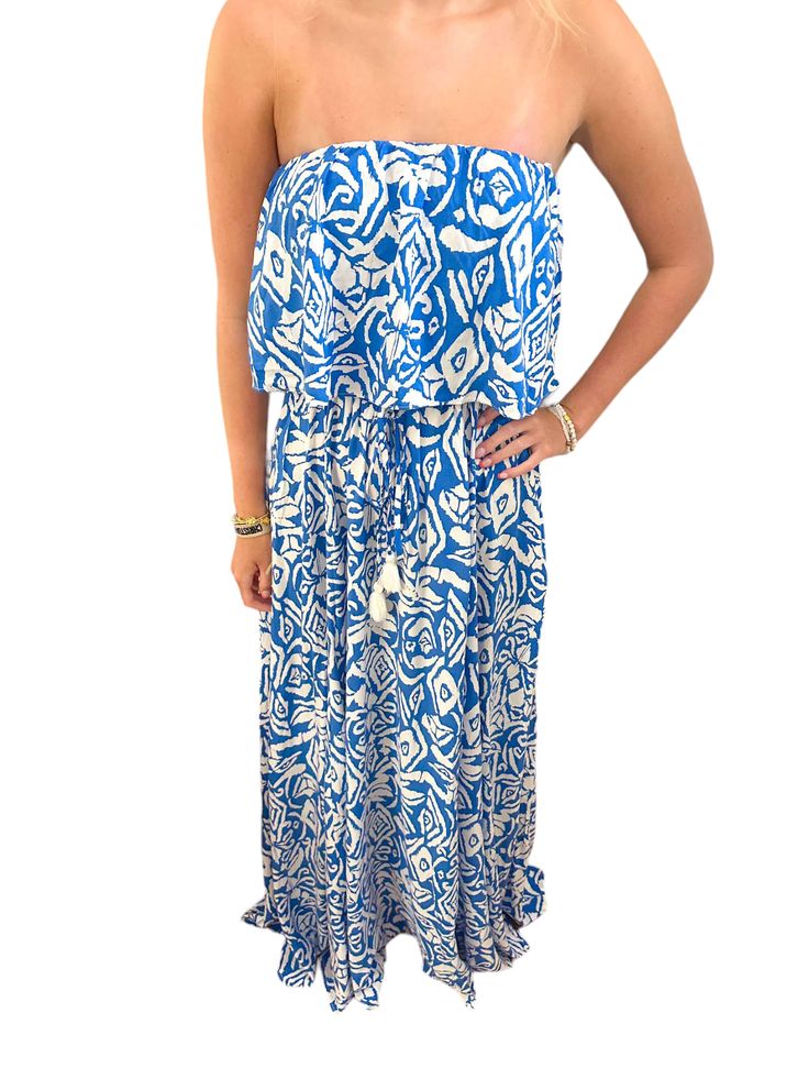 Bohemian Strapless Flowy Midi Dress, Flowy Strapless Sundress, Bohemian Strapless Midi Dress For Day Out, Bohemian Strapless Midi Dress For Beach, Casual Strapless Mini Dress For Day Out, Chic Bandeau Midi Dress For Beach, Casual Blue Strapless Midi Dress, Blue Bandeau Maxi Dress For Summer, Bandeau Sundress Maxi Dress For Day Out