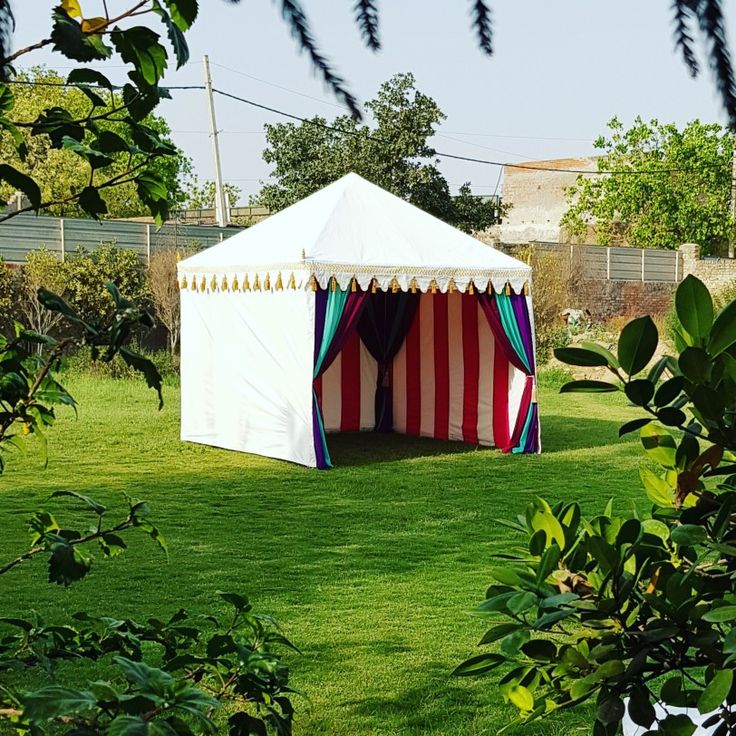 a circus tent sitting on top of a lush green field