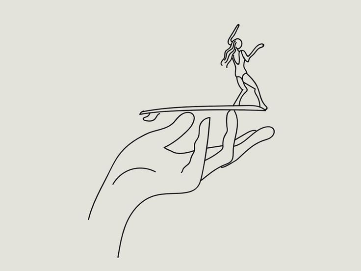 a drawing of a hand holding a surfboard with a woman standing on top of it