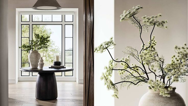 vases with flowers are sitting on the table in front of an open door and window