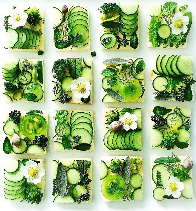 cucumber slices and flowers arranged in squares