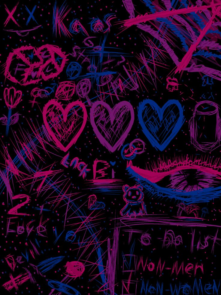 an abstract background with hearts and other symbols in pink, blue, and purple colors