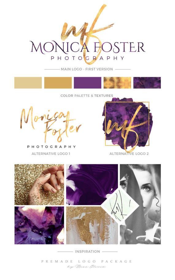 the logo for monica poster photography, with gold and purple colors on it's side