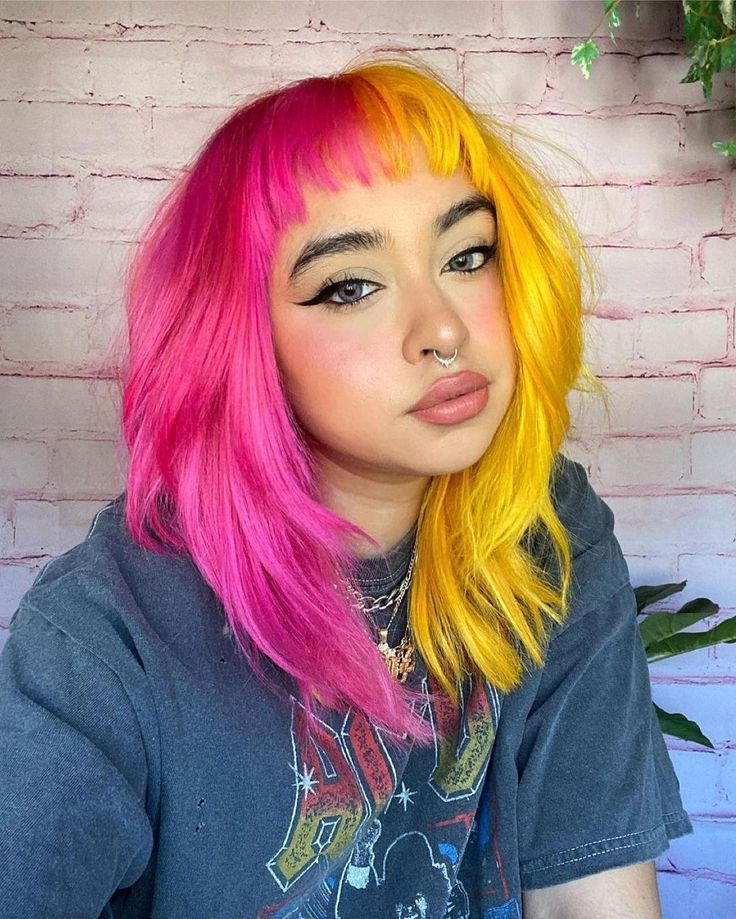 Citrine + Lychee split on @youremynirvana ⭐️💖 Use our Rainbow pack to get our brights in a bundle along with a tint brush 🌈 Yellow Hair Color, Split Dye, Amber Hair, Split Dyed Hair, Vivid Hair Color, Split Hair, Hair Color Pink, Colour Design, Yellow Hair