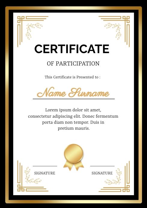 an award certificate is shown in gold and black