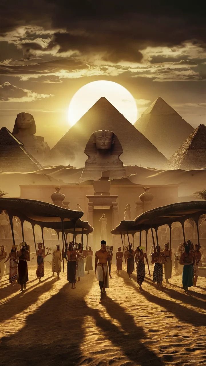 an egyptian scene with people walking towards the pyramids