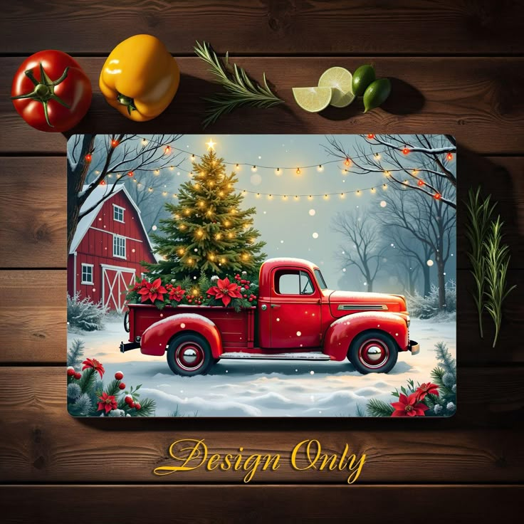 a christmas card featuring an old red truck with a christmas tree on the bed and decorations around it