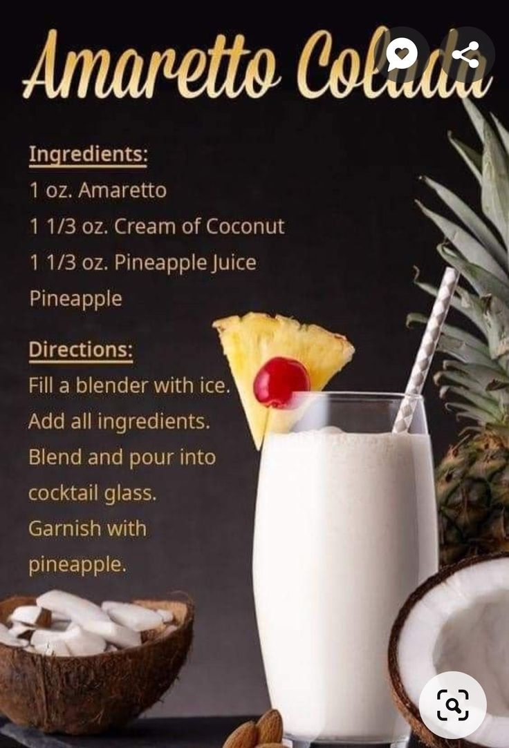 there is a pineapple and coconut drink in front of the glass with it's ingredients