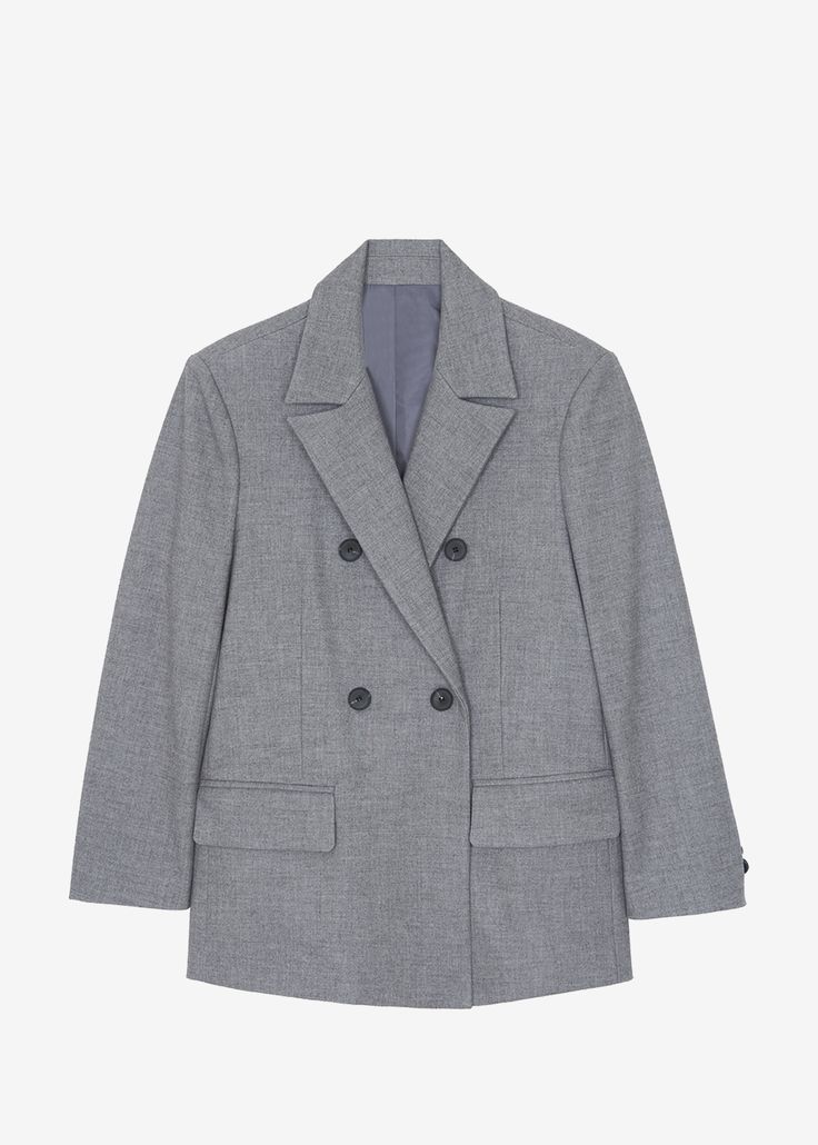 Color: Grey Midweight woven suiting fabric Relaxed silhouette Notch lapel Slightly padded shoulders Button cuffs Front flap pockets Vented back Front button closure Lined 56% Polyester 24% Rayon 18% Wool 2% Spandex Dry Clean Imported Suiting Fabric, Flap Pocket, Dry Clean, Spandex, Blazer, Wool, Grey, Fabric, How To Wear