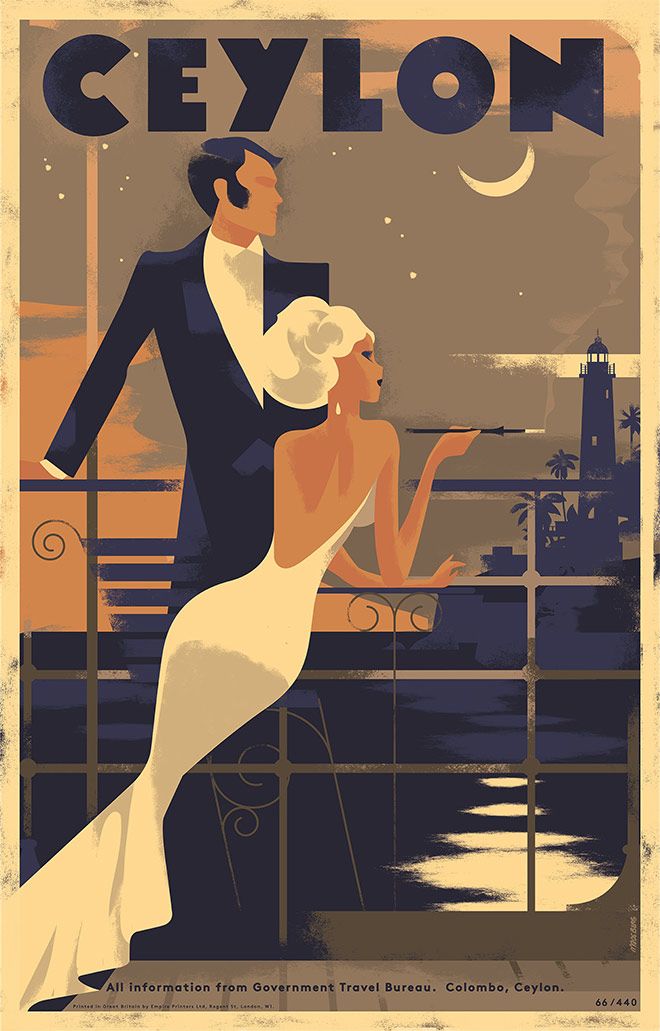 an old fashion poster shows a man and woman in evening dress, standing on a balcony