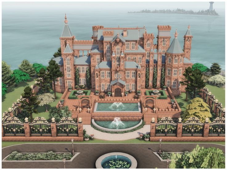 this is an artist's rendering of a large mansion with a fountain in the front yard