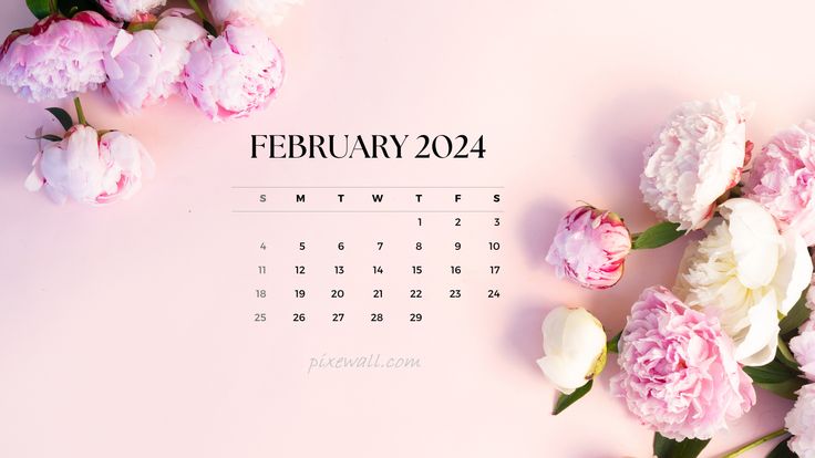 a calendar with pink and white peonies next to it on a pink background