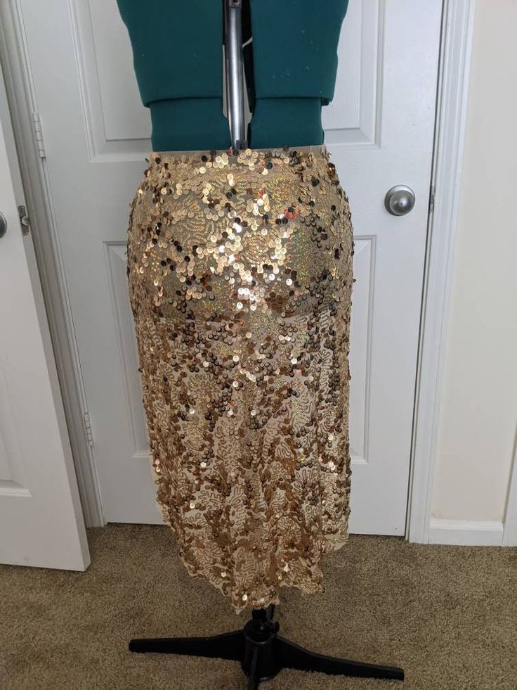 "Golden sequin skirt with an elastic waistband. Fits size S/M. Skirt is 25\" around when the elastic is relaxed. Can stretch to 30\" around. It is 29\" long at lowest point" Glamorous Stretch Skirt With Sequins, Glamorous Long Sequin Skirt, Glamorous Sequin Pencil Skirt, Sequin Pencil Skirt For Night Out, Sequin Stretch Pencil Skirt, Stretch Sequin Pencil Skirt, Long Party Skirt With Sequins, Sequin Skirt For Party Season, Long Sequined Party Skirt