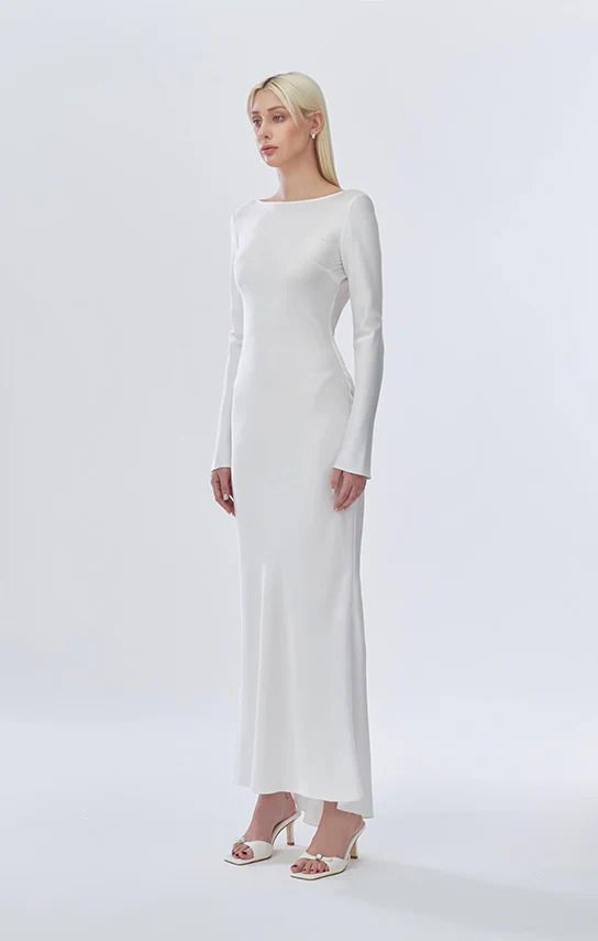 Classic Long Sleeve Dress – Stolen Stores Luxury White Long Sleeve Dress For Formal Events, Long Sleeve Dress 2022, Longsleeve Open Back White Dress, Luxury Long Sleeve Sleek Maxi Dress, Luxury White Dress With 3/4 Sleeves, Silk White Long Sleev Short Dress, Luxury Satin Long Sleeve Elegant Dress, Luxury Sleek White Dresses, Luxury Sleek White Dress