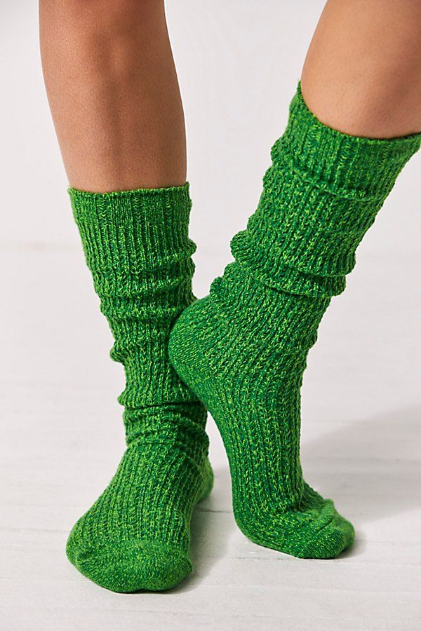 A necessary addition to your sock drawer, these so cozy and seriously soft socks are featured in a chunky, ribbed knit fabrication and slouchy silhouette with a seamed heel and toe. | Staple Slouch Socks by Free People in Green Cozy Knitted Solid Color Socks, Cozy Mid-calf Spring Socks, Snug Ribbed Socks For Fall, Comfortable Ribbed Cozy Socks, Cozy Ribbed Socks, Comfortable Cozy Ribbed Socks, Slouch Socks, Soft Socks, Green Socks