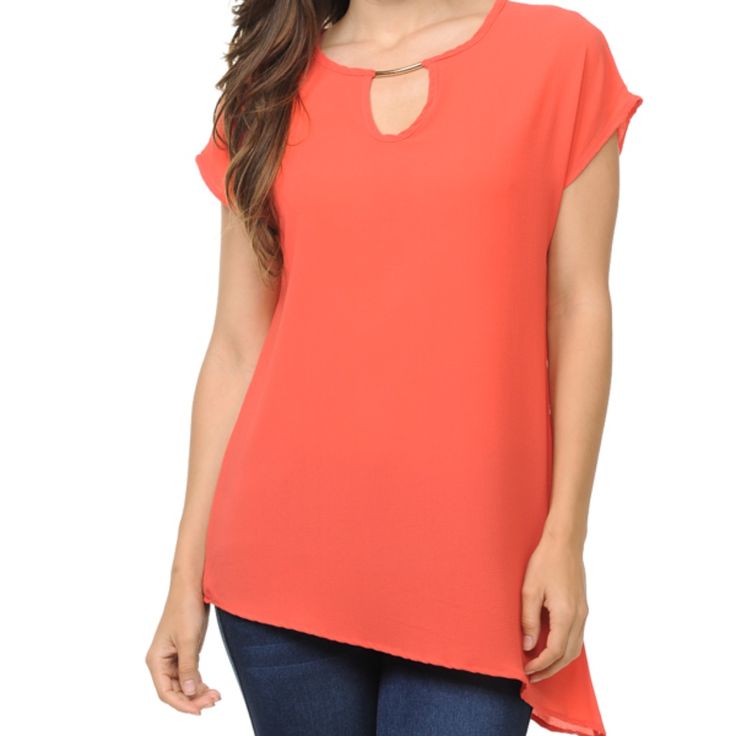 Coral A Symmetrical Bottom Top Color: Coral 100% Polyester Hand Wash, Hang Dry Made In Usa Small 0-4 Medium 6-8 Large 10-12 X-L 12-14 Summer Workwear Tops With High-low Hem, Workout Tops, Top Blouse, Coral, Womens Tops, Pink, Women Shopping, Color