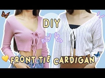 two women wearing crop tops with the words diy front tie cardigan on them