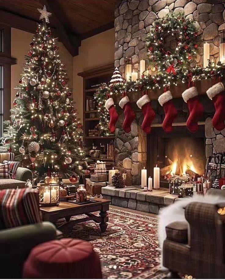 a living room decorated for christmas with stockings on the fireplace