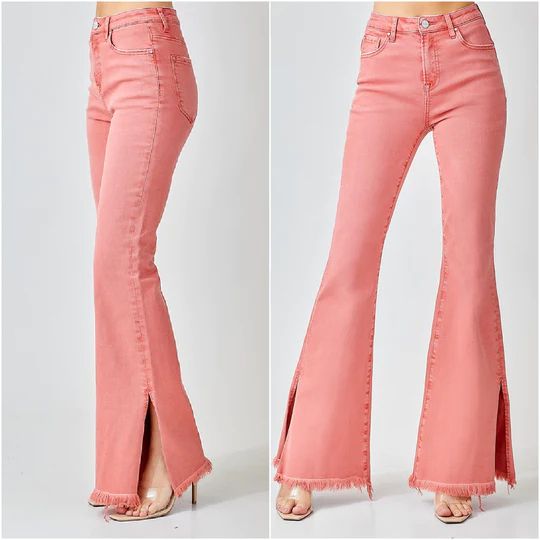 Pink flares with slit on the side High Waisted Flair Jeans, Fashion Trousers, Flair Jeans, Western Boutique, Rodeo Outfits, Party Inspo, Western Wear For Women, Barbie Movie, Peach Blossom